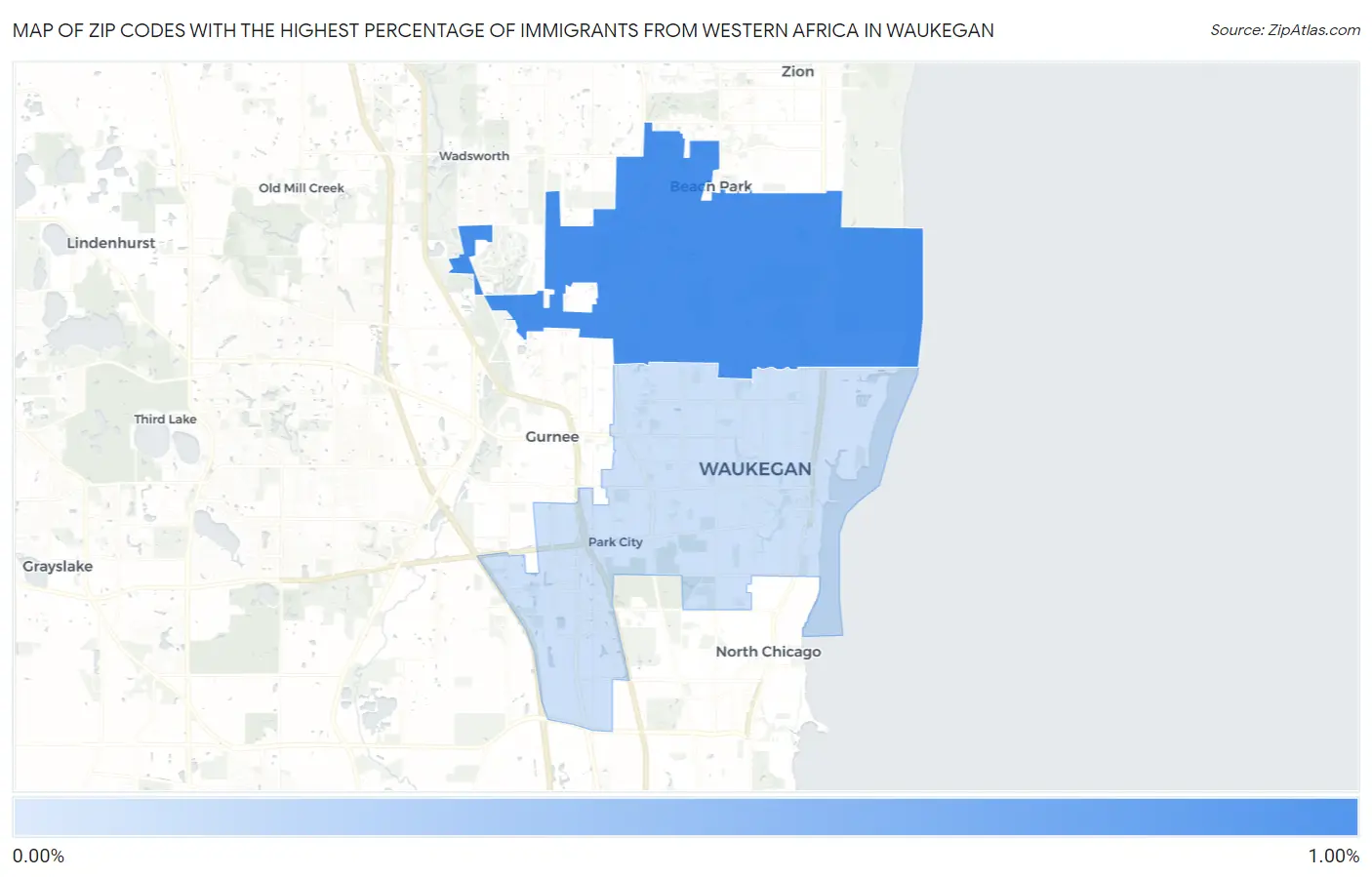 Zip Codes with the Highest Percentage of Immigrants from Western Africa in Waukegan Map