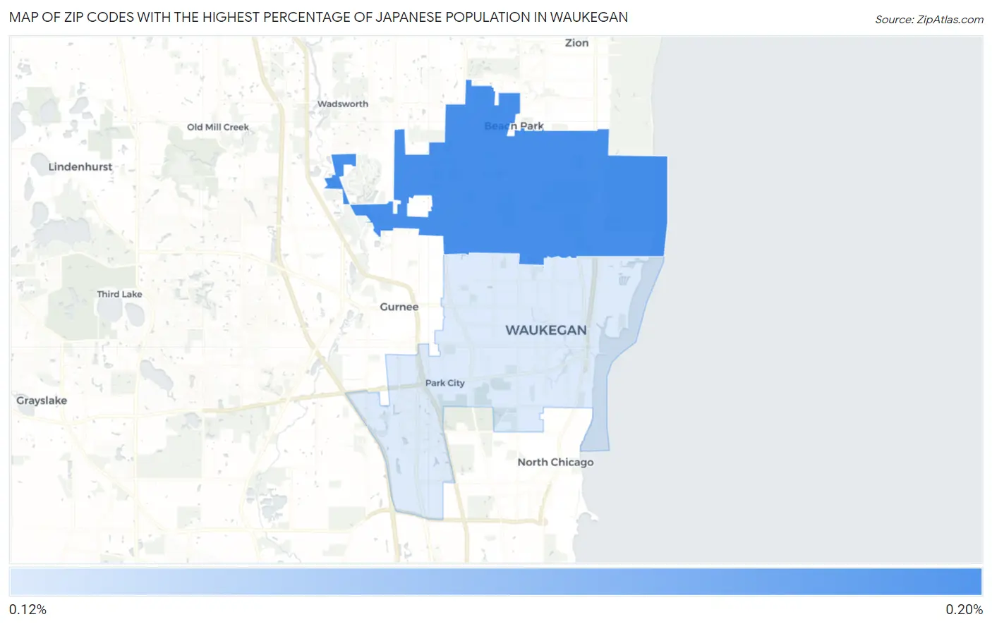 Zip Codes with the Highest Percentage of Japanese Population in Waukegan Map