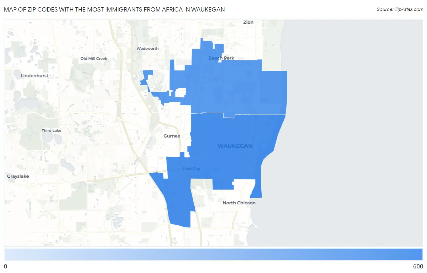 Zip Codes with the Most Immigrants from Africa in Waukegan Map