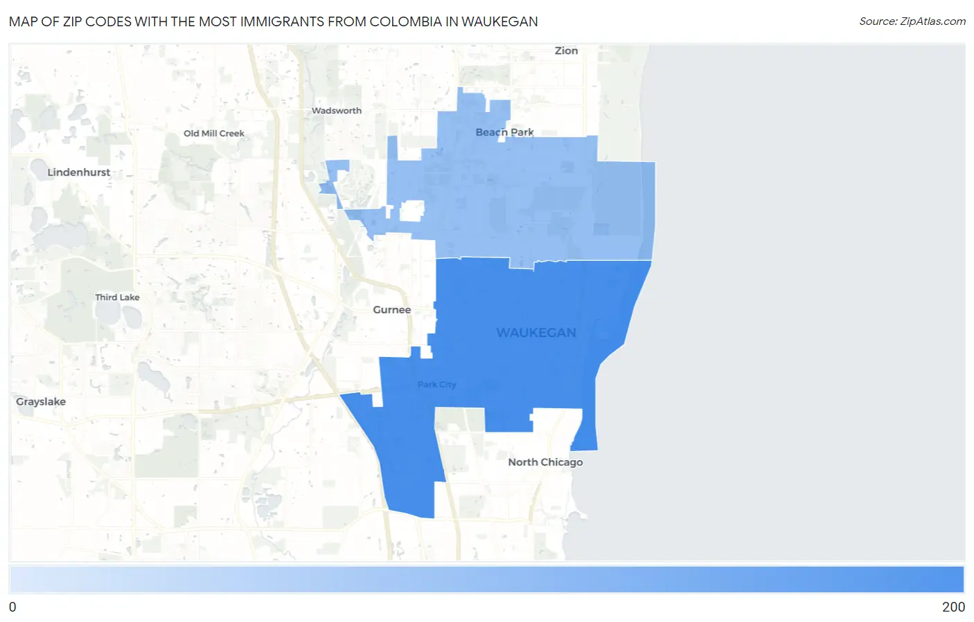 Zip Codes with the Most Immigrants from Colombia in Waukegan Map