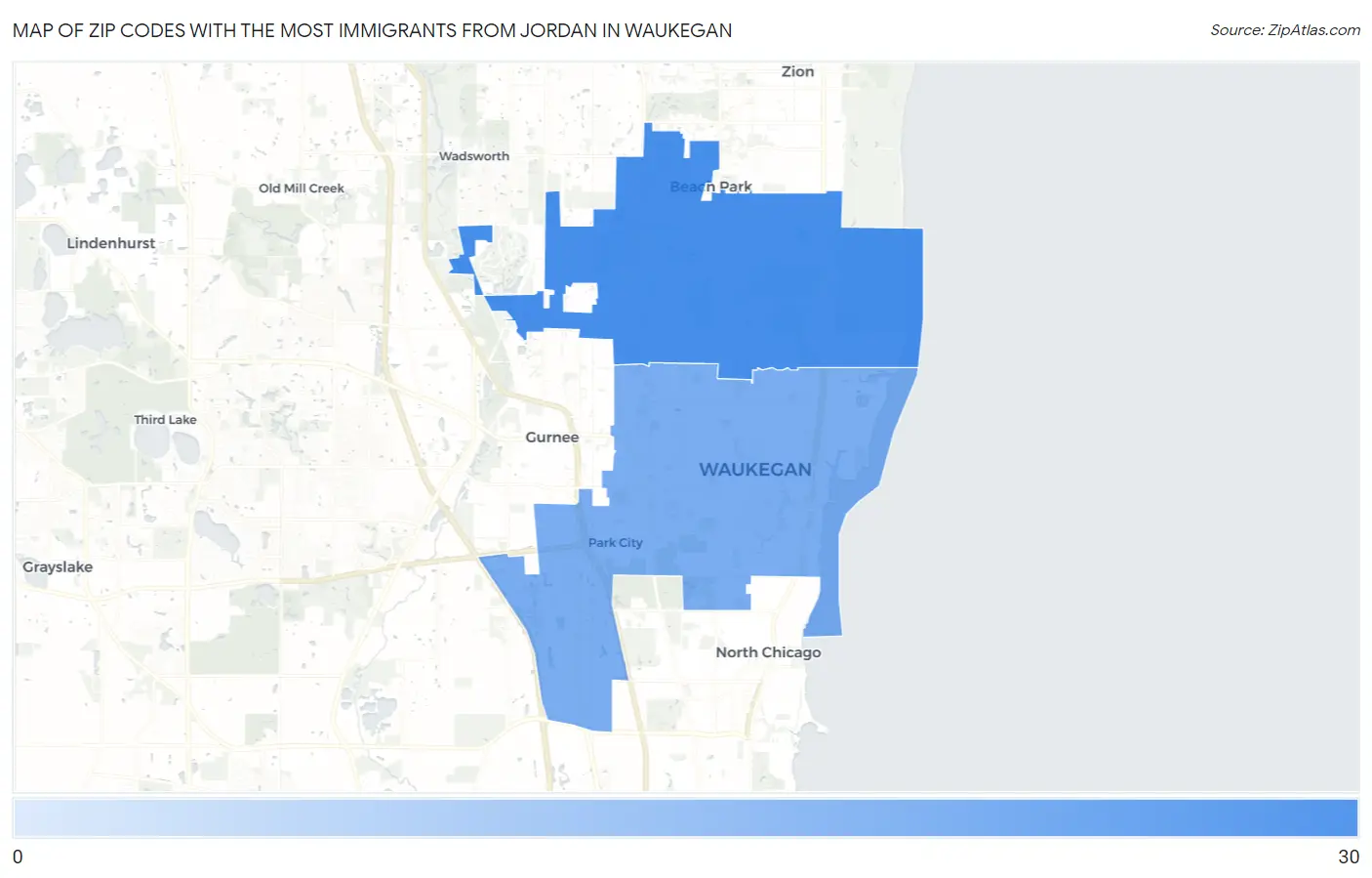 Zip Codes with the Most Immigrants from Jordan in Waukegan Map