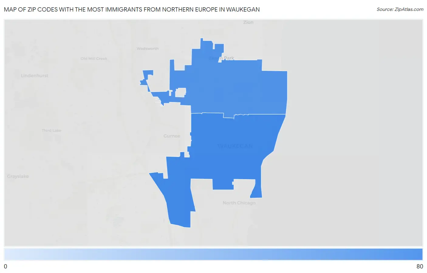 Zip Codes with the Most Immigrants from Northern Europe in Waukegan Map