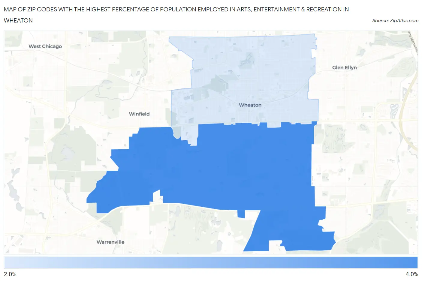 Zip Codes with the Highest Percentage of Population Employed in Arts, Entertainment & Recreation in Wheaton Map