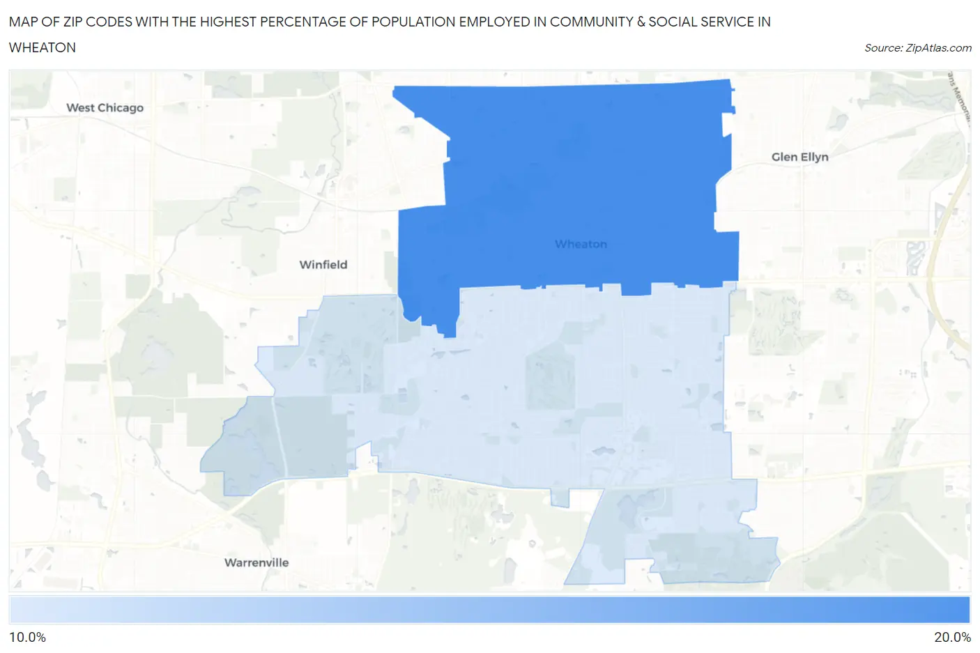 Zip Codes with the Highest Percentage of Population Employed in Community & Social Service  in Wheaton Map