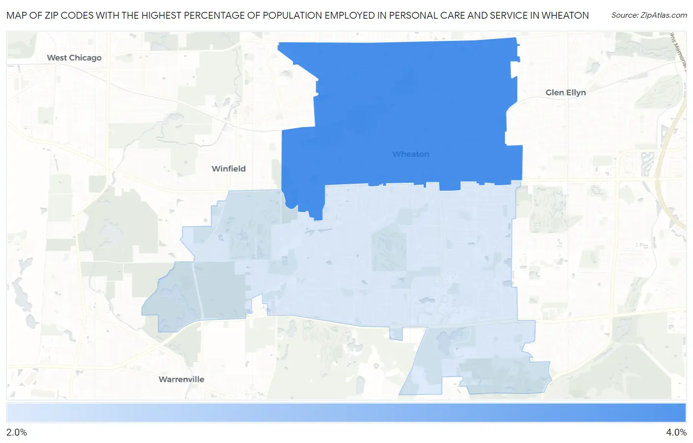 Zip Codes with the Highest Percentage of Population Employed in Personal Care and Service in Wheaton Map