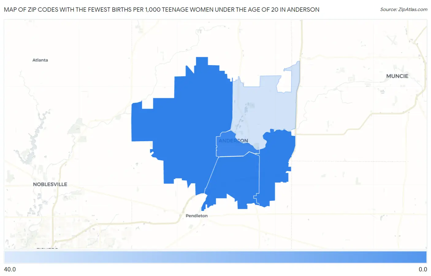 Zip Codes with the Fewest Births per 1,000 Teenage Women Under the Age of 20 in Anderson Map