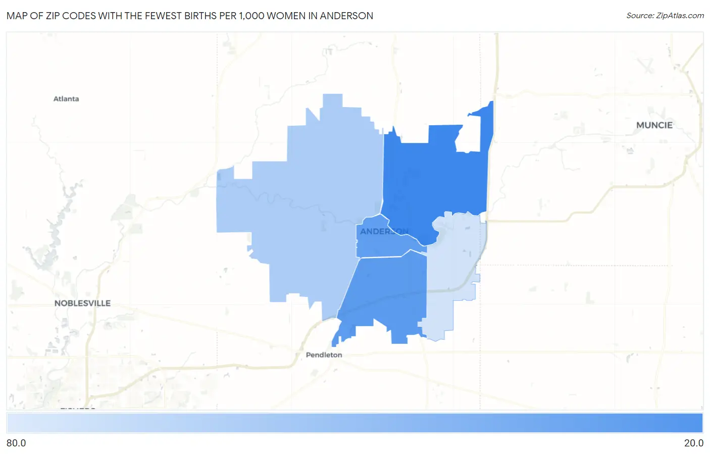 Zip Codes with the Fewest Births per 1,000 Women in Anderson Map
