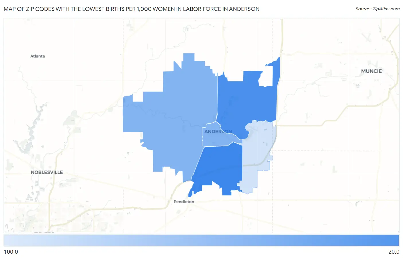 Zip Codes with the Lowest Births per 1,000 Women in Labor Force in Anderson Map