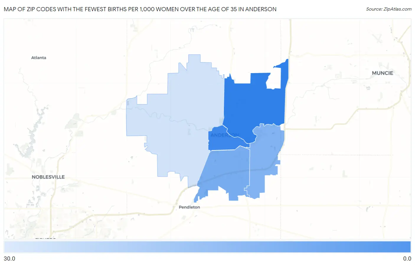 Zip Codes with the Fewest Births per 1,000 Women Over the Age of 35 in Anderson Map
