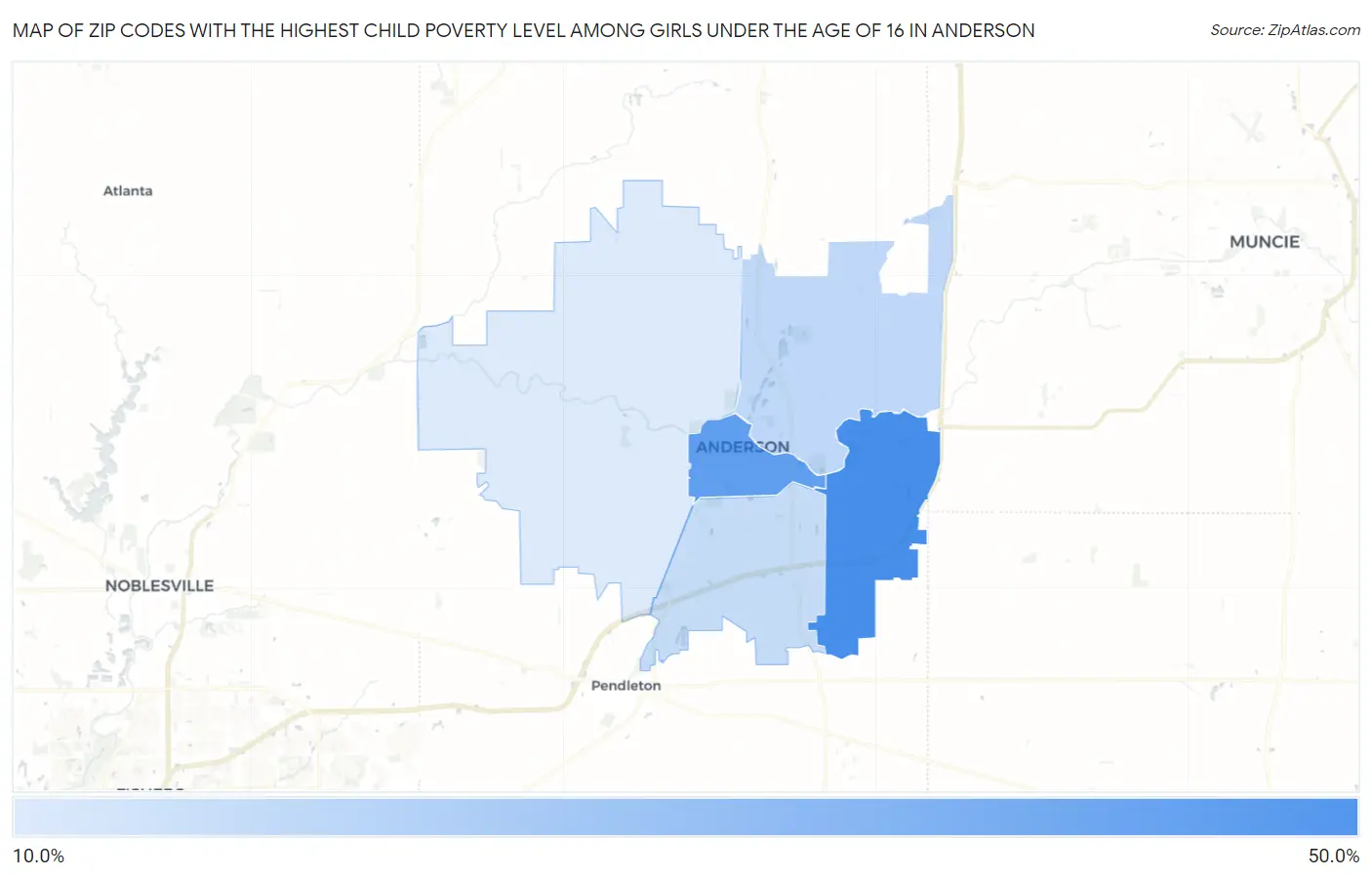Zip Codes with the Highest Child Poverty Level Among Girls Under the Age of 16 in Anderson Map