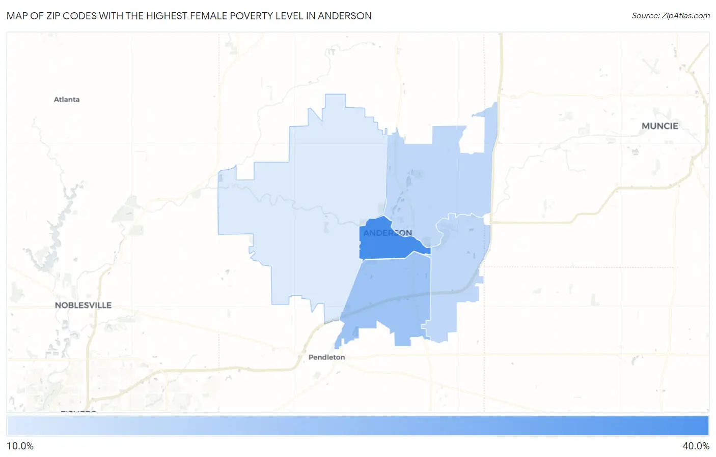 Zip Codes with the Highest Female Poverty Level in Anderson Map