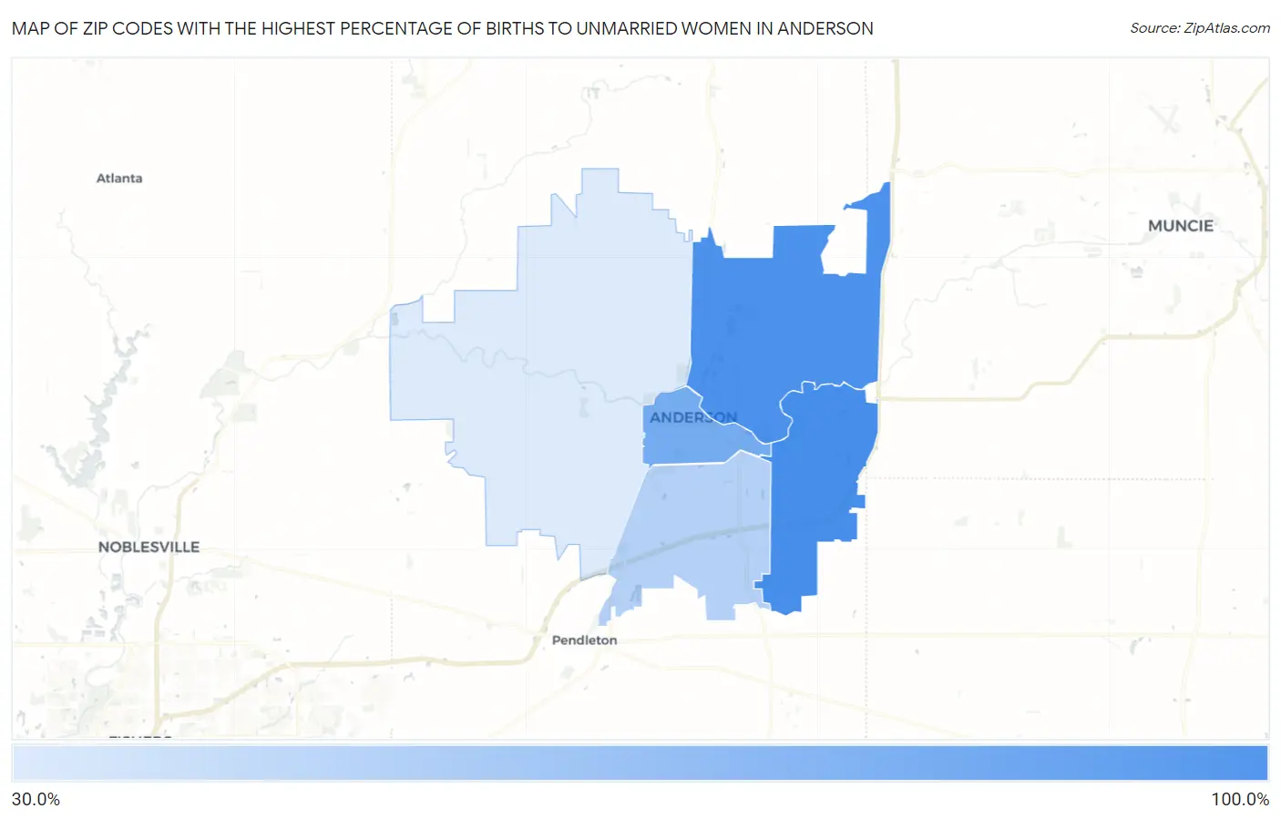 Zip Codes with the Highest Percentage of Births to Unmarried Women in Anderson Map