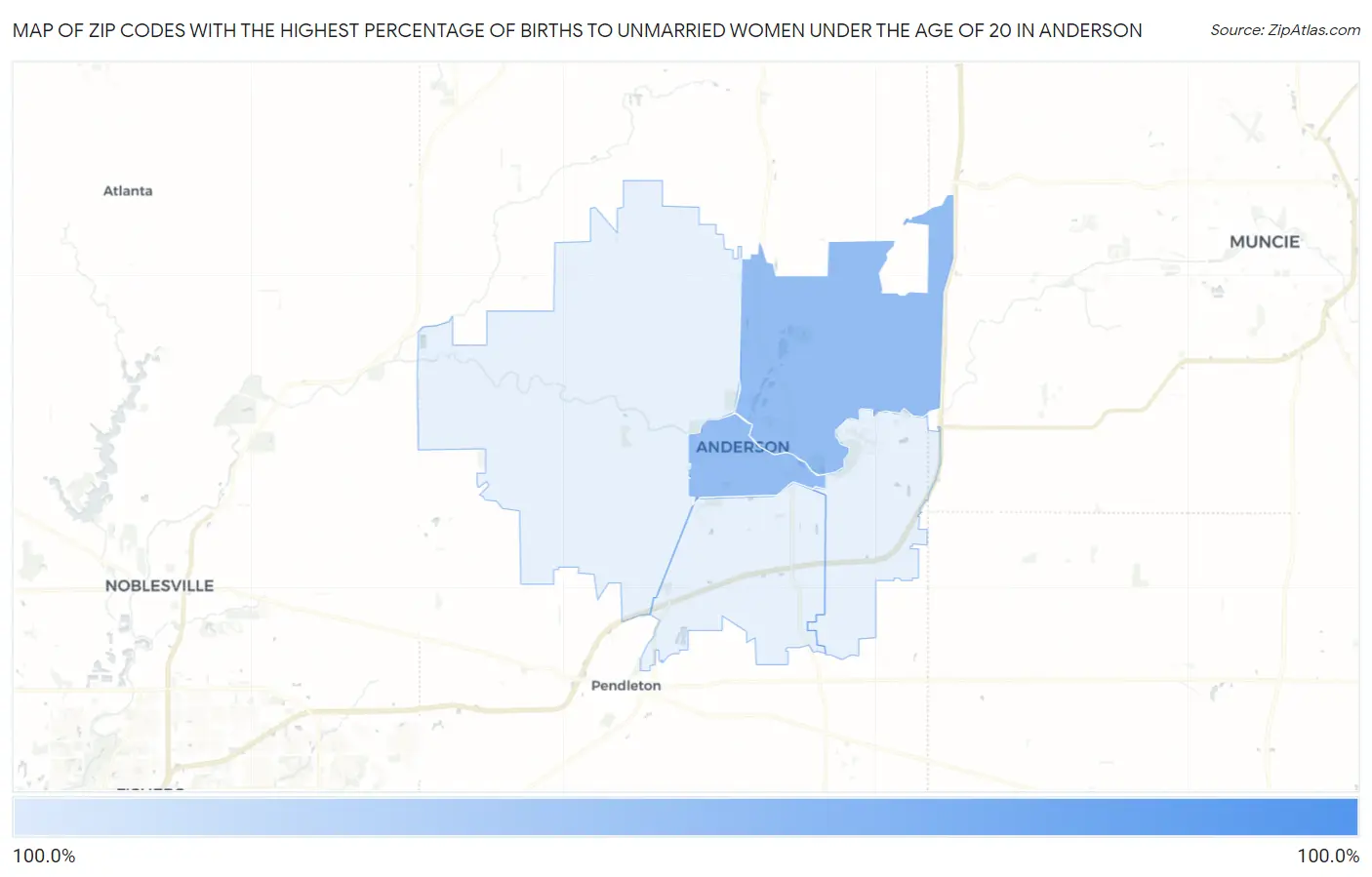 Zip Codes with the Highest Percentage of Births to Unmarried Women under the Age of 20 in Anderson Map