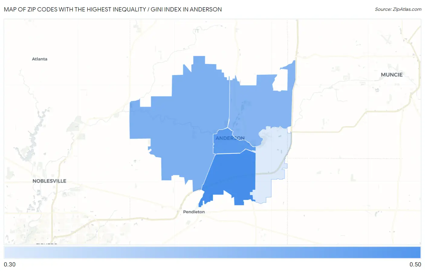 Zip Codes with the Highest Inequality / Gini Index in Anderson Map