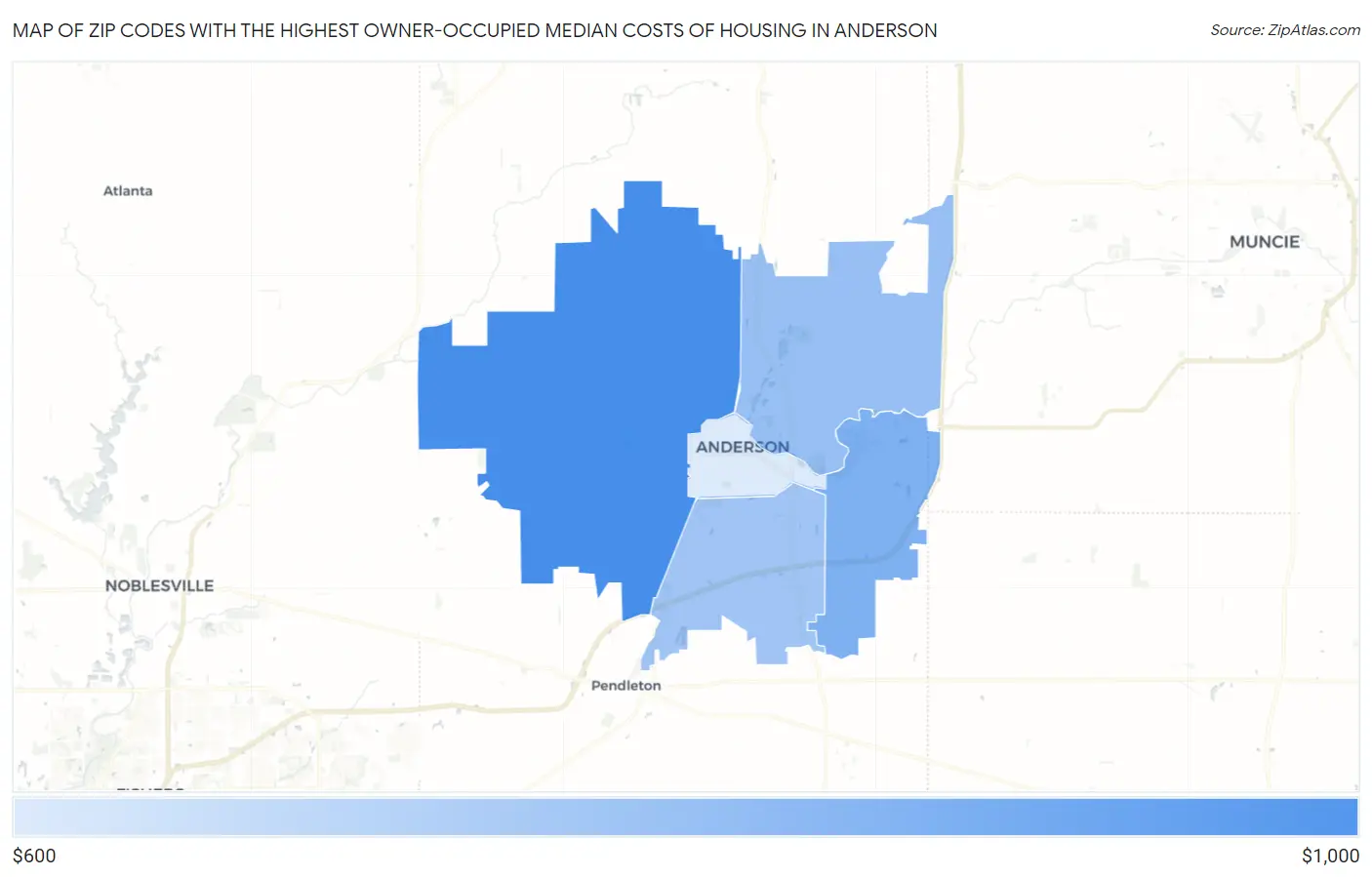 Zip Codes with the Highest Owner-Occupied Median Costs of Housing in Anderson Map