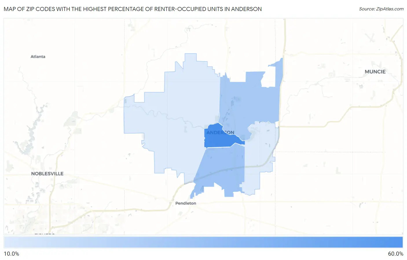 Zip Codes with the Highest Percentage of Renter-Occupied Units in Anderson Map