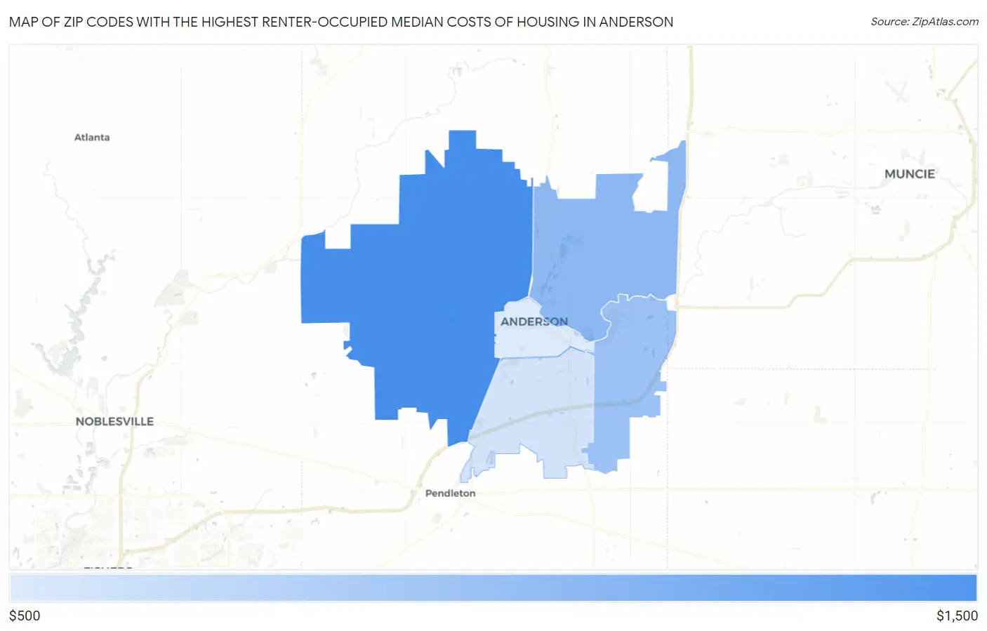 Zip Codes with the Highest Renter-Occupied Median Costs of Housing in Anderson Map