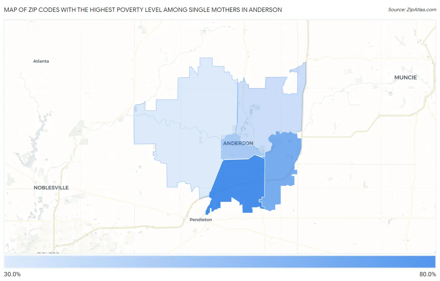 Zip Codes with the Highest Poverty Level Among Single Mothers in Anderson Map