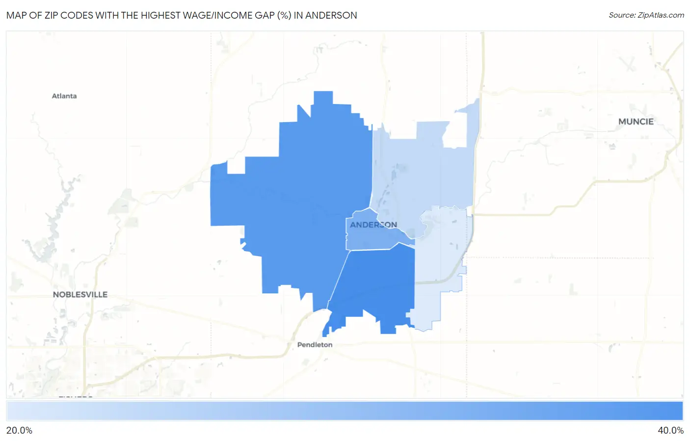 Zip Codes with the Highest Wage/Income Gap (%) in Anderson Map