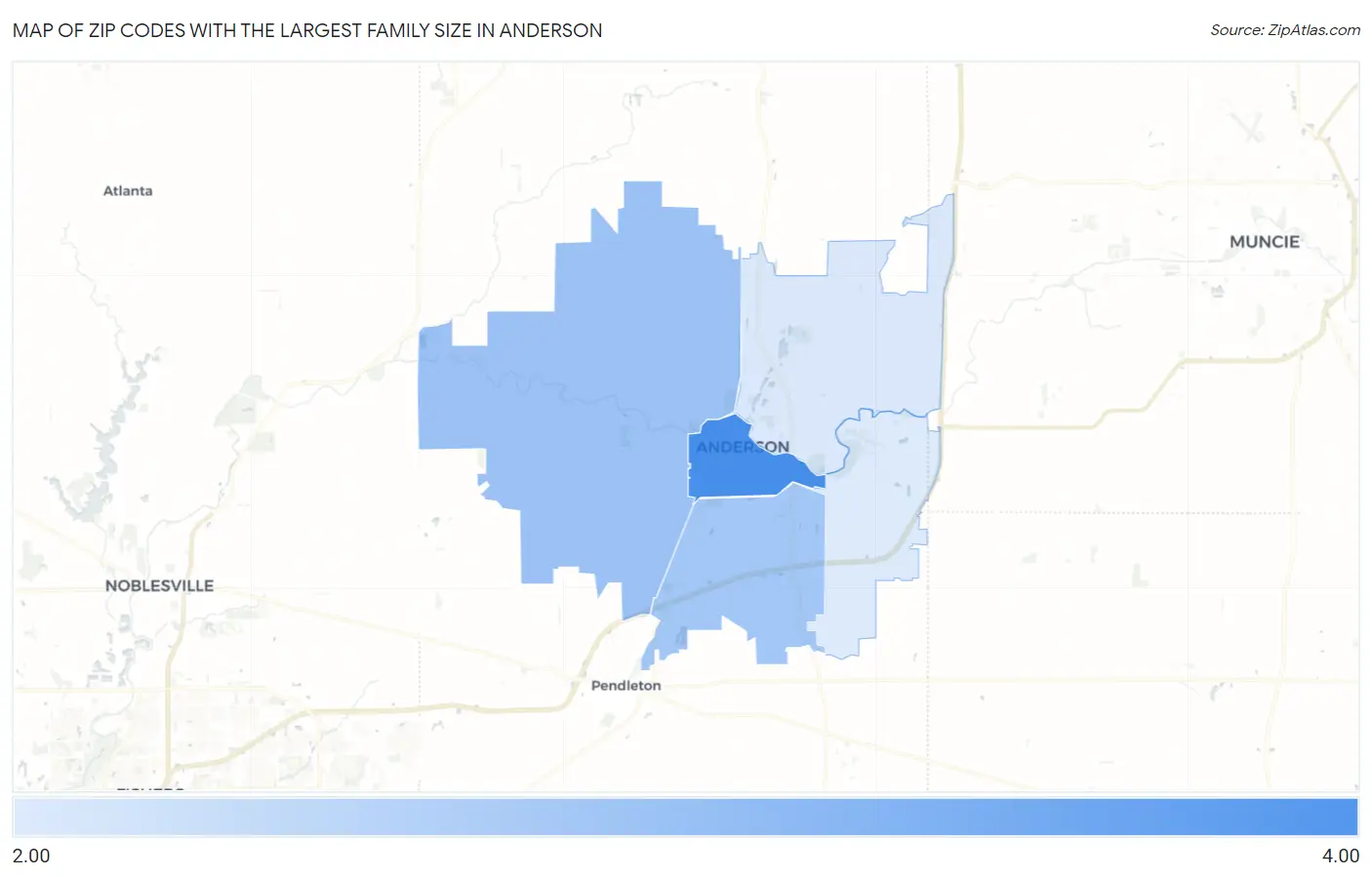 Zip Codes with the Largest Family Size in Anderson Map