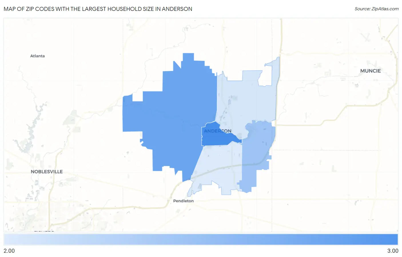 Zip Codes with the Largest Household Size in Anderson Map