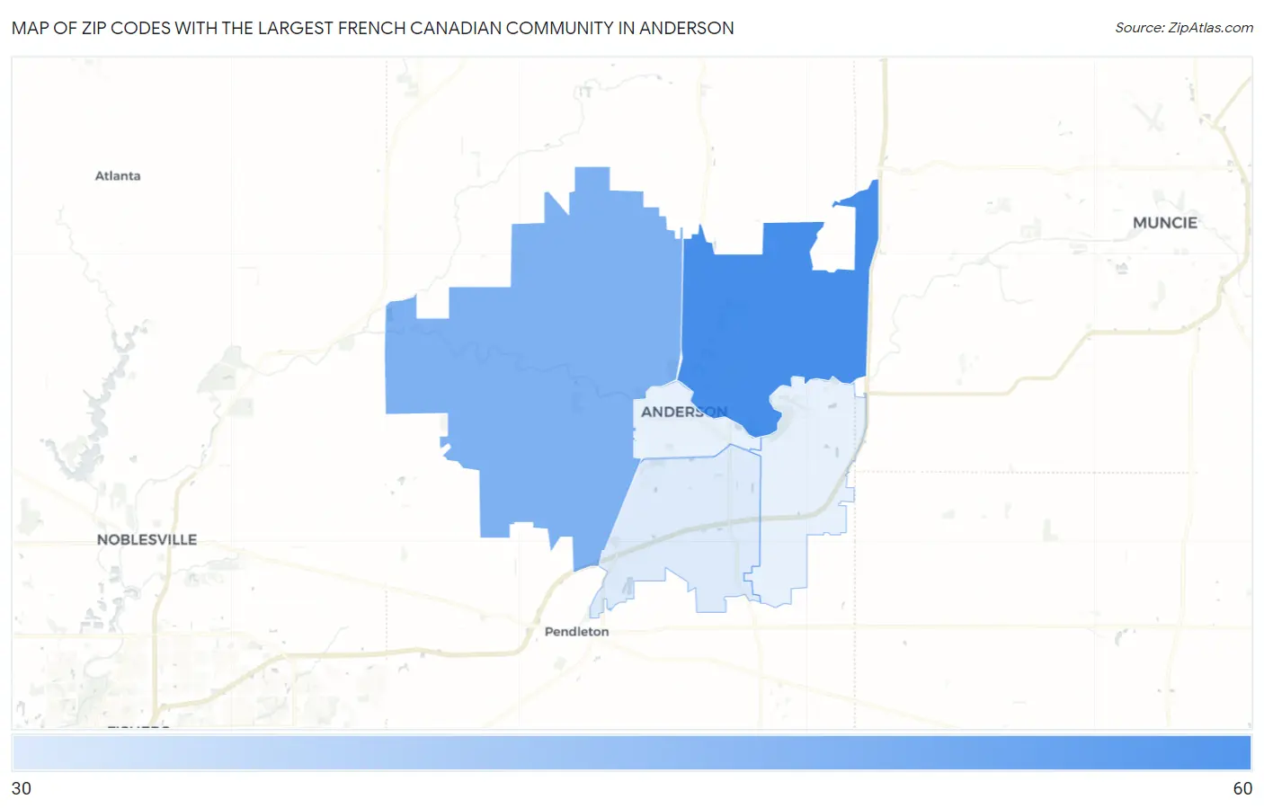 Zip Codes with the Largest French Canadian Community in Anderson Map