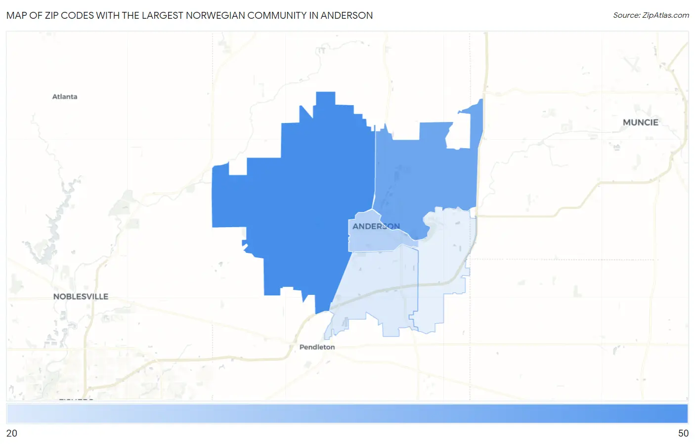 Zip Codes with the Largest Norwegian Community in Anderson Map