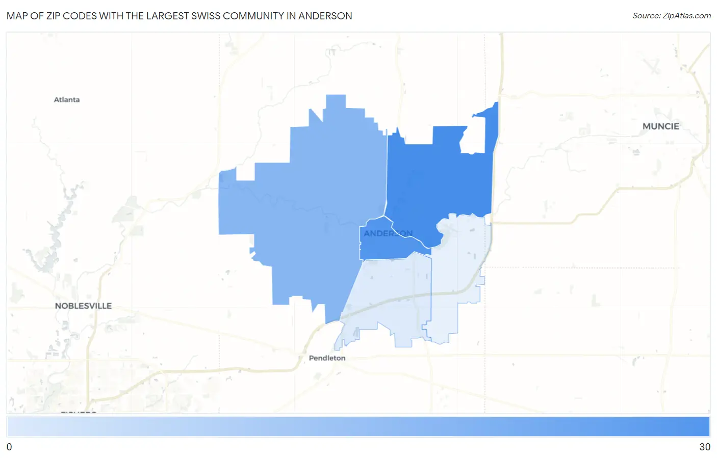 Zip Codes with the Largest Swiss Community in Anderson Map