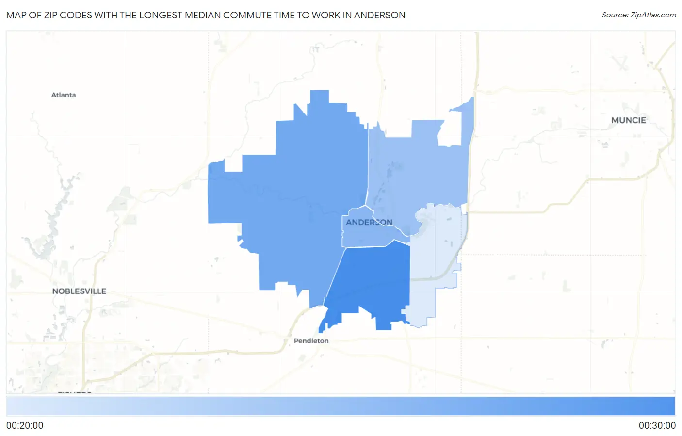 Zip Codes with the Longest Median Commute Time to Work in Anderson Map