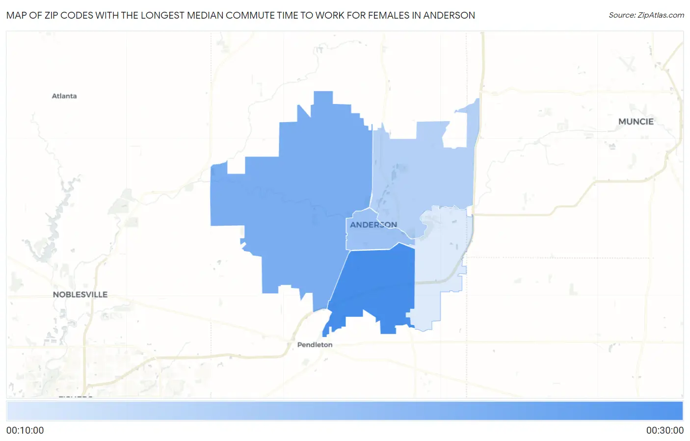 Zip Codes with the Longest Median Commute Time to Work for Females in Anderson Map