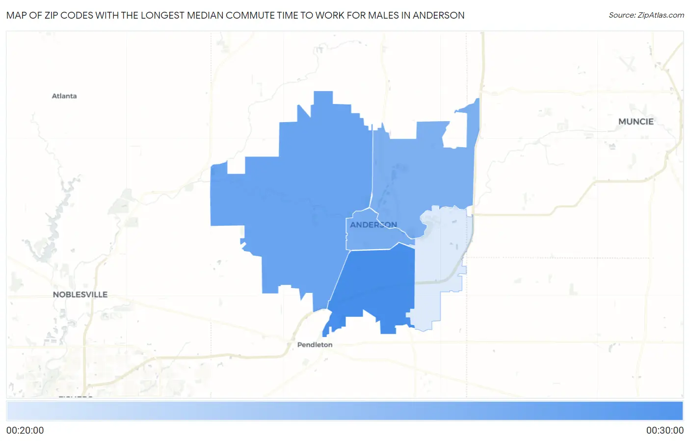 Zip Codes with the Longest Median Commute Time to Work for Males in Anderson Map