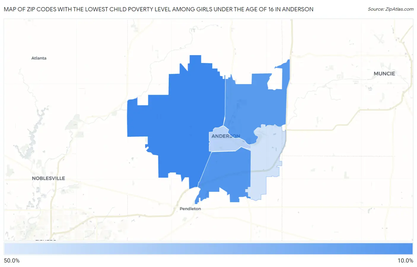 Zip Codes with the Lowest Child Poverty Level Among Girls Under the Age of 16 in Anderson Map