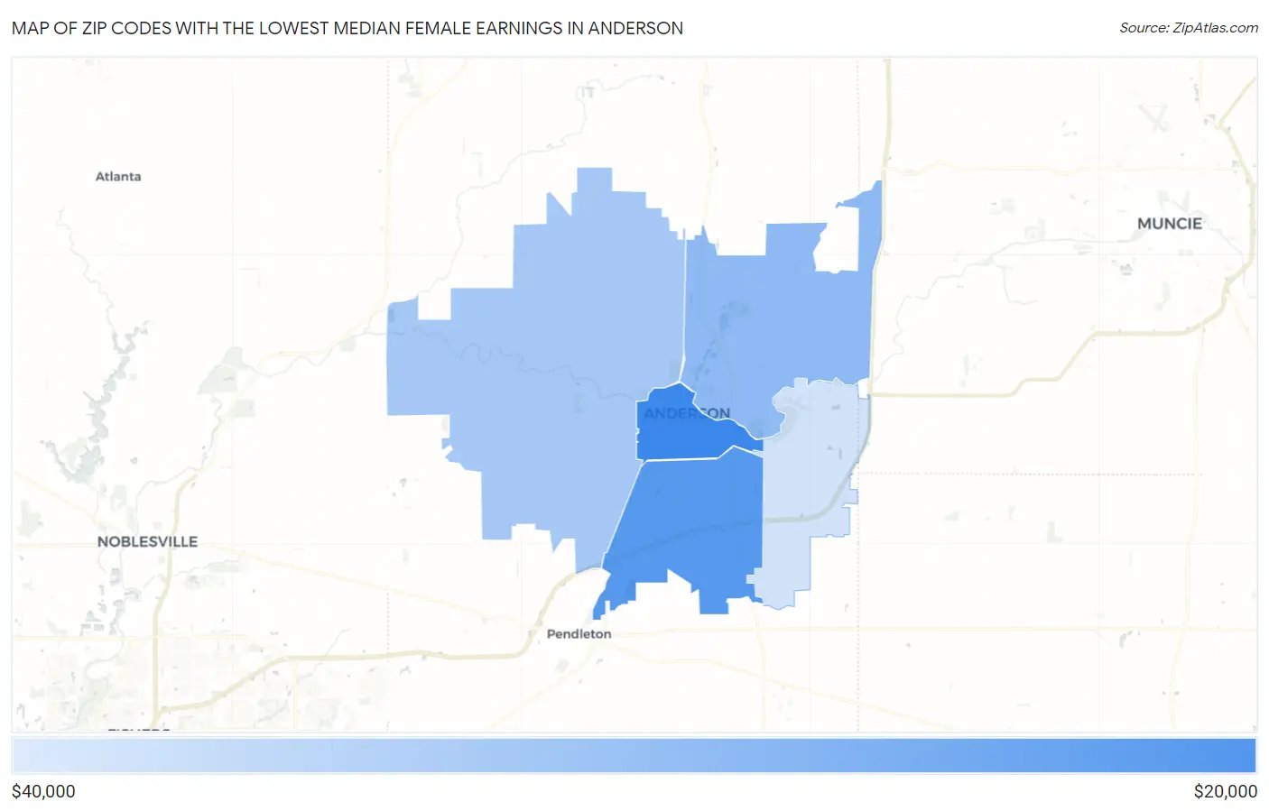 Zip Codes with the Lowest Median Female Earnings in Anderson Map