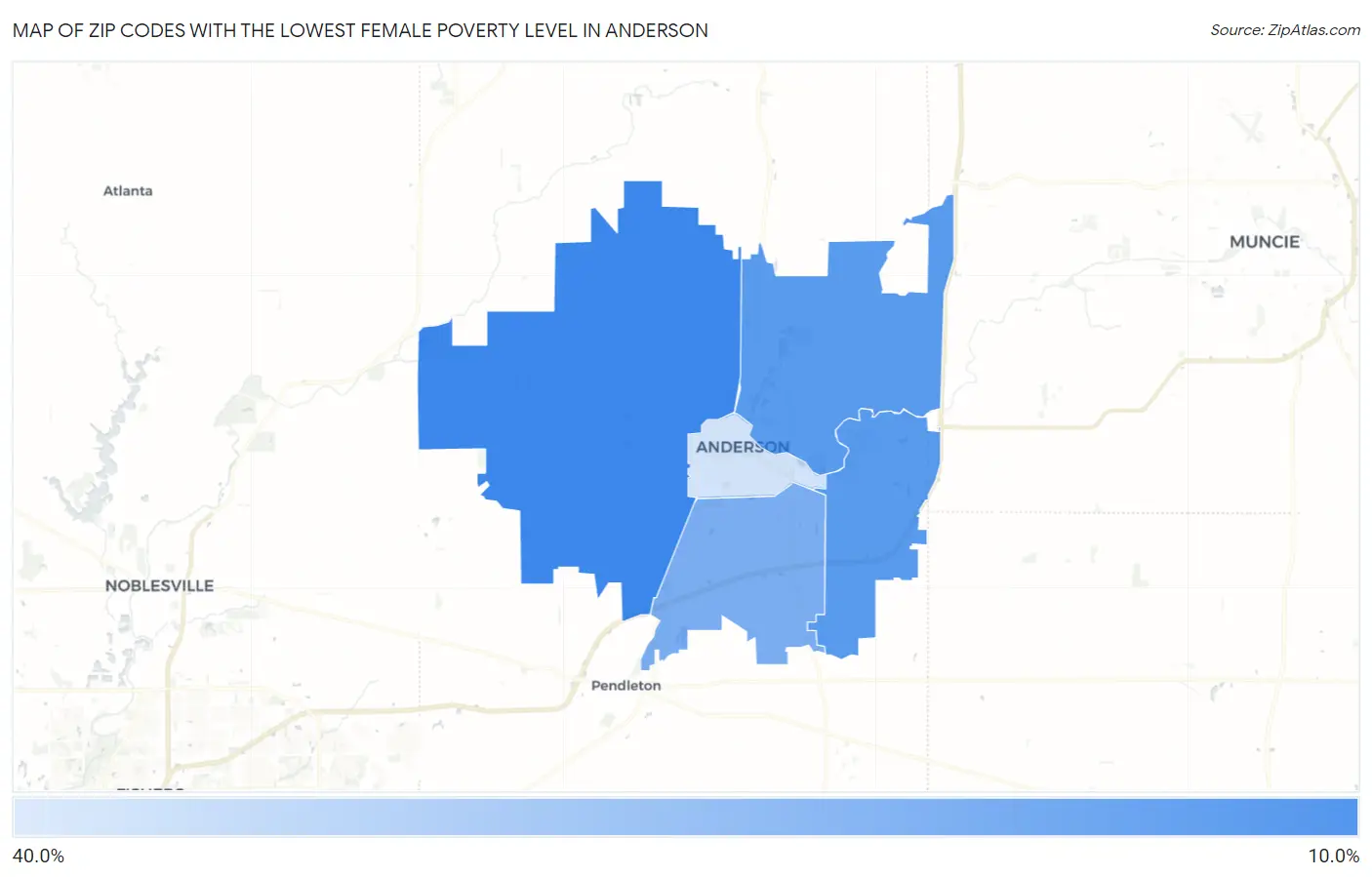 Zip Codes with the Lowest Female Poverty Level in Anderson Map