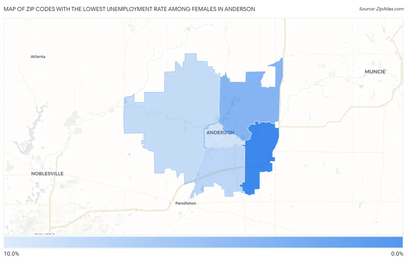 Zip Codes with the Lowest Unemployment Rate Among Females in Anderson Map