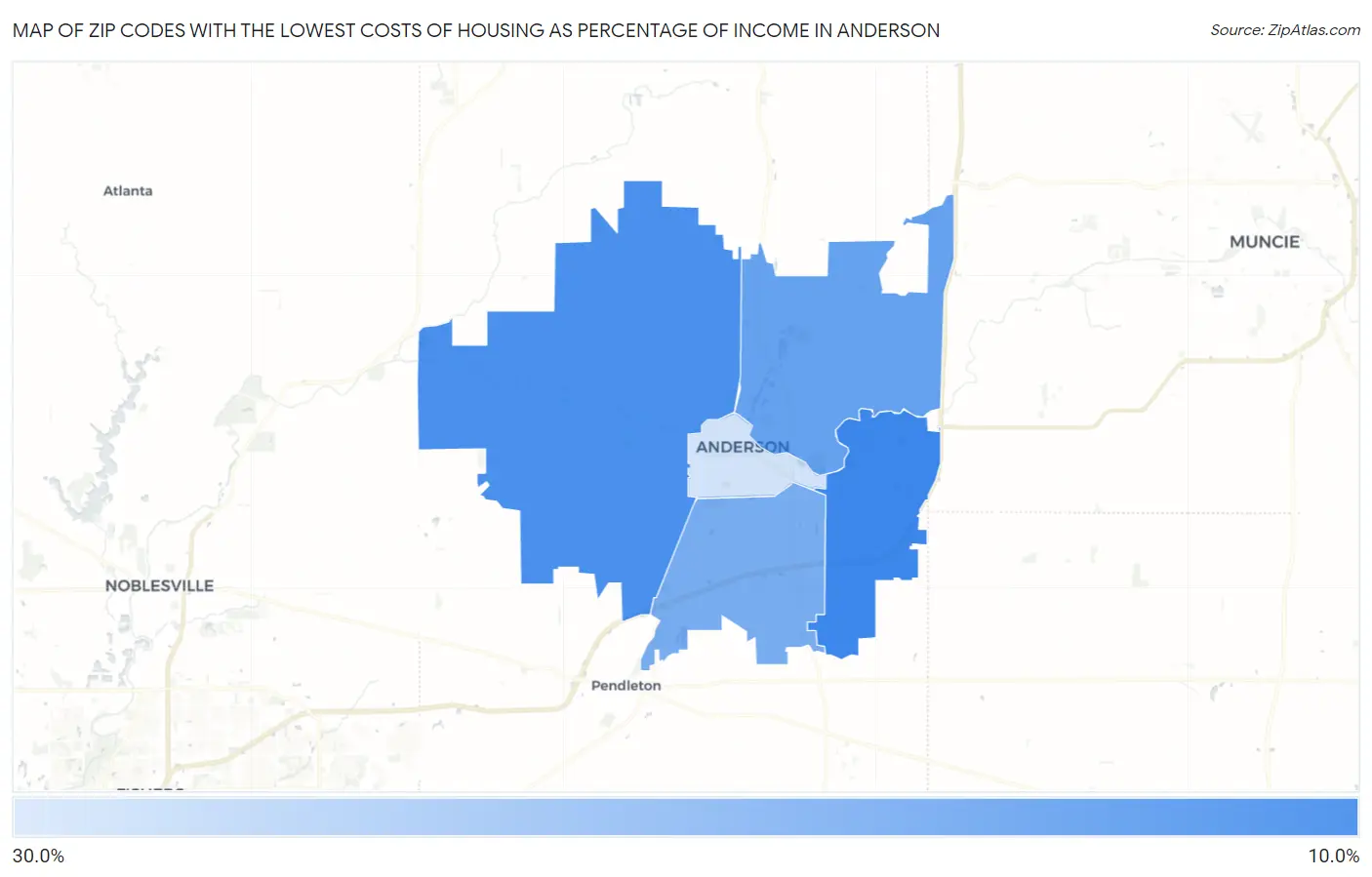 Zip Codes with the Lowest Costs of Housing as Percentage of Income in Anderson Map