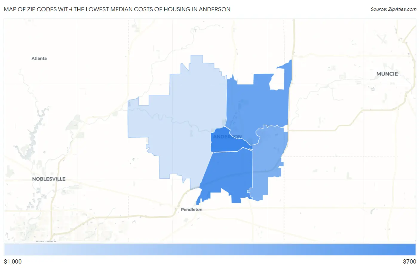 Zip Codes with the Lowest Median Costs of Housing in Anderson Map