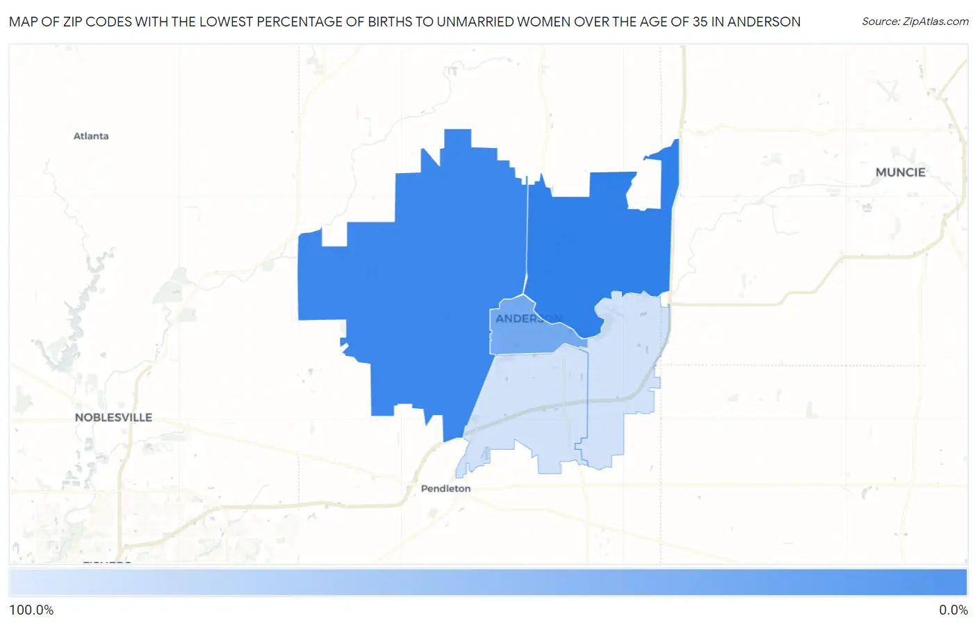 Zip Codes with the Lowest Percentage of Births to Unmarried Women over the Age of 35 in Anderson Map