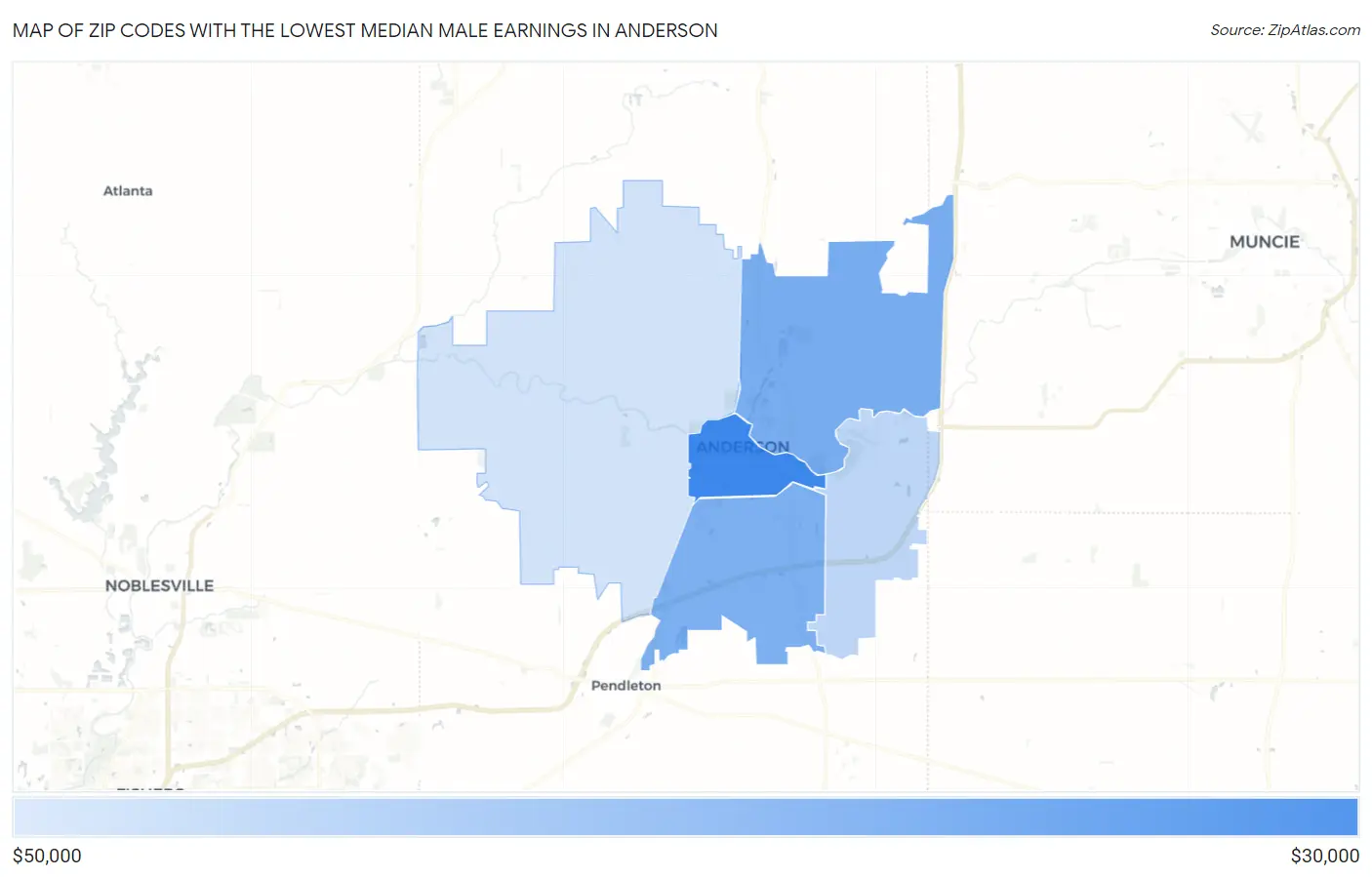 Zip Codes with the Lowest Median Male Earnings in Anderson Map