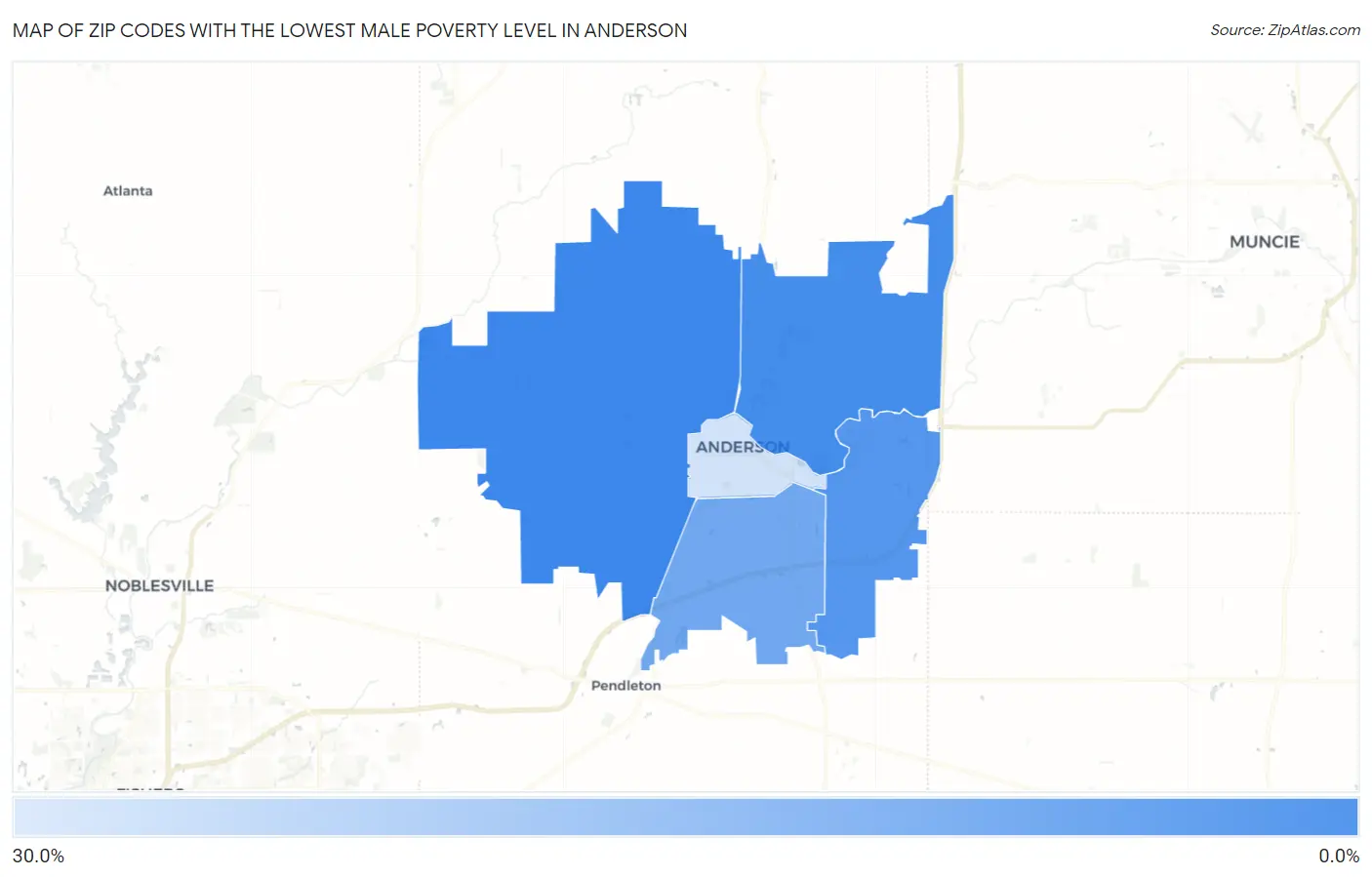 Zip Codes with the Lowest Male Poverty Level in Anderson Map