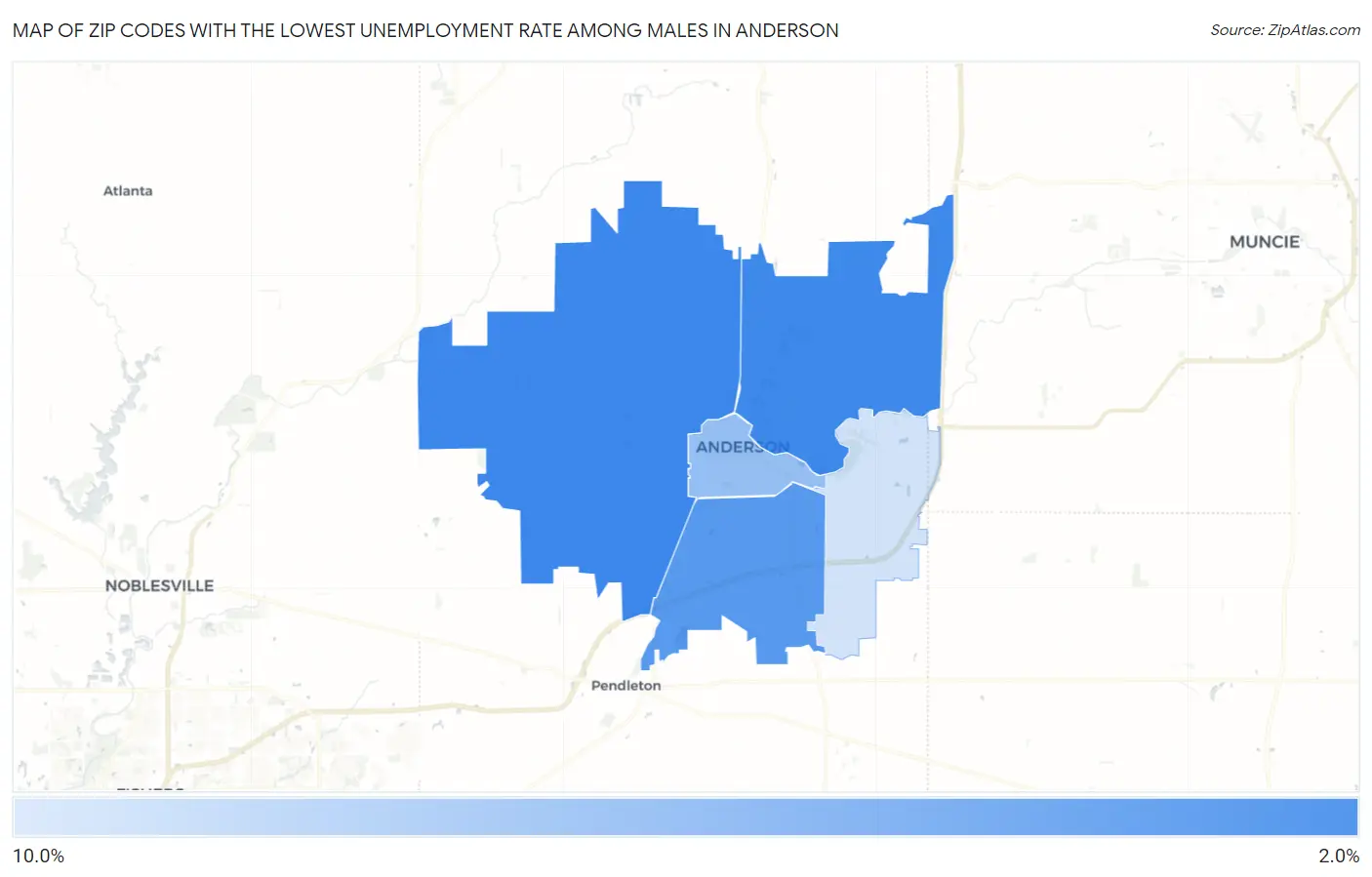 Zip Codes with the Lowest Unemployment Rate Among Males in Anderson Map