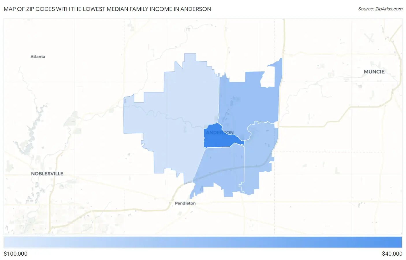 Zip Codes with the Lowest Median Family Income in Anderson Map