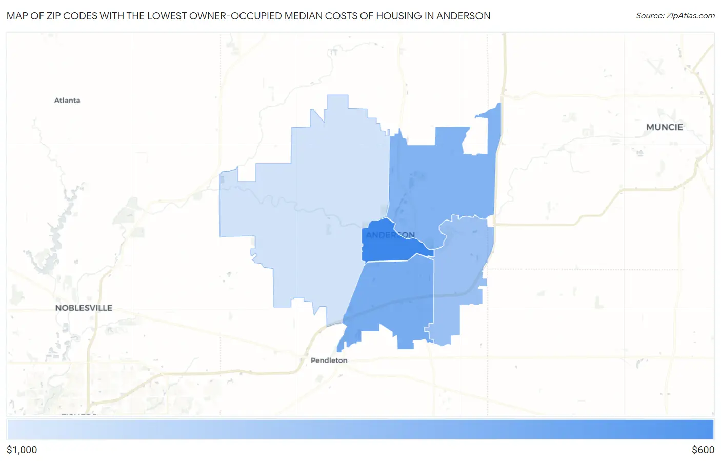Zip Codes with the Lowest Owner-Occupied Median Costs of Housing in Anderson Map