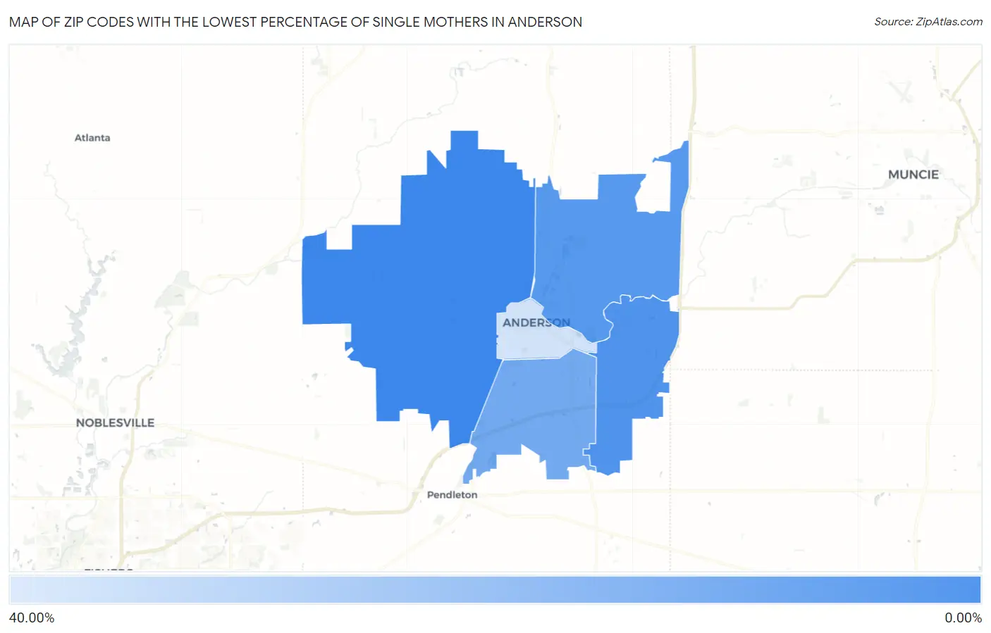 Zip Codes with the Lowest Percentage of Single Mothers in Anderson Map
