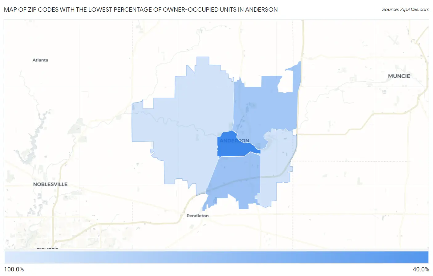 Zip Codes with the Lowest Percentage of Owner-Occupied Units in Anderson Map