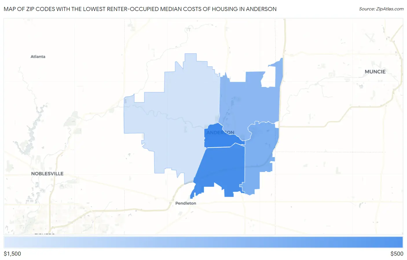 Zip Codes with the Lowest Renter-Occupied Median Costs of Housing in Anderson Map