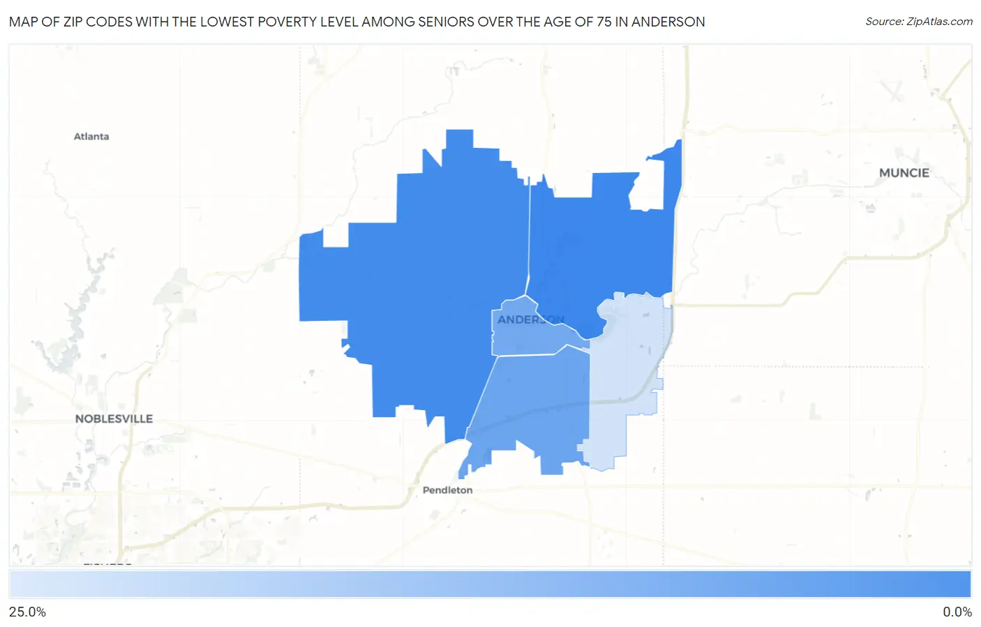 Zip Codes with the Lowest Poverty Level Among Seniors Over the Age of 75 in Anderson Map