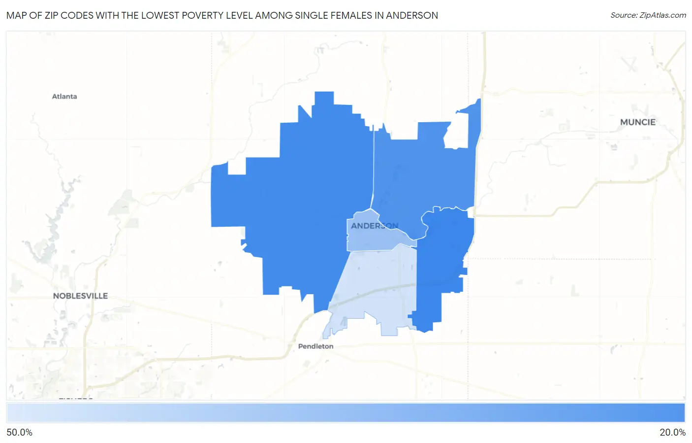 Zip Codes with the Lowest Poverty Level Among Single Females in Anderson Map