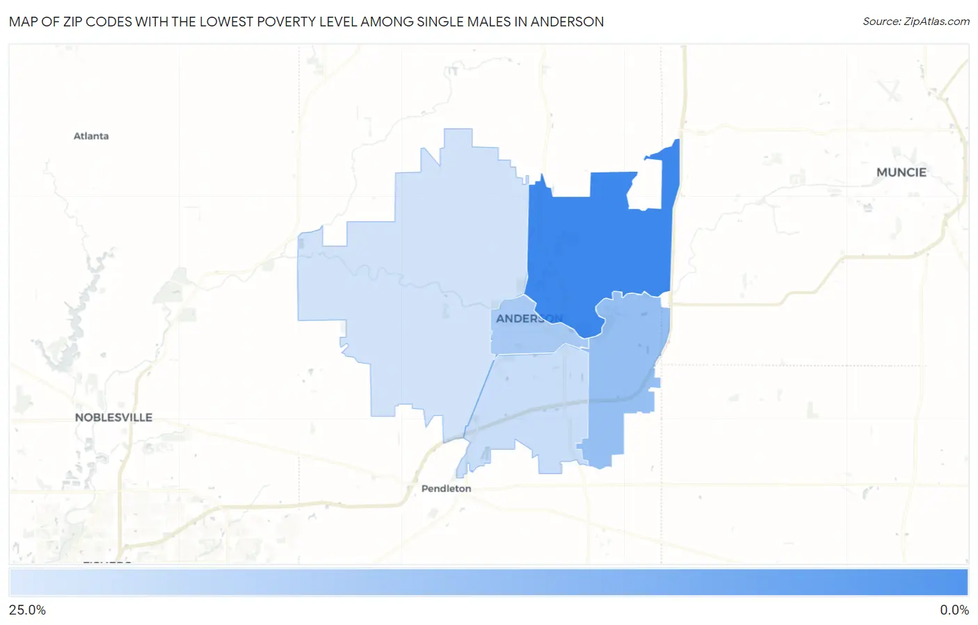 Zip Codes with the Lowest Poverty Level Among Single Males in Anderson Map