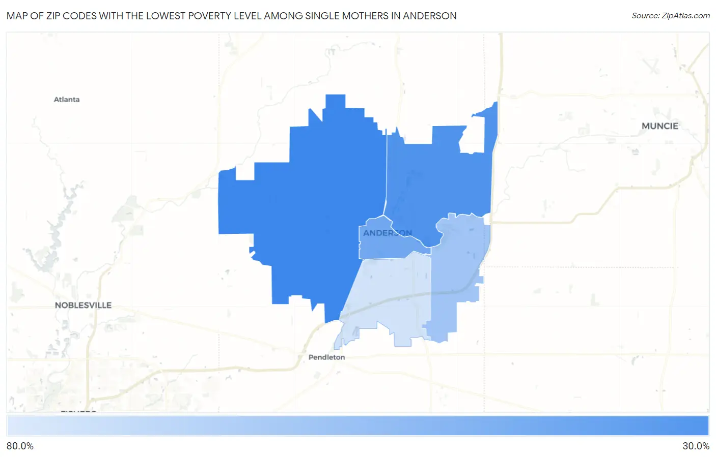 Zip Codes with the Lowest Poverty Level Among Single Mothers in Anderson Map